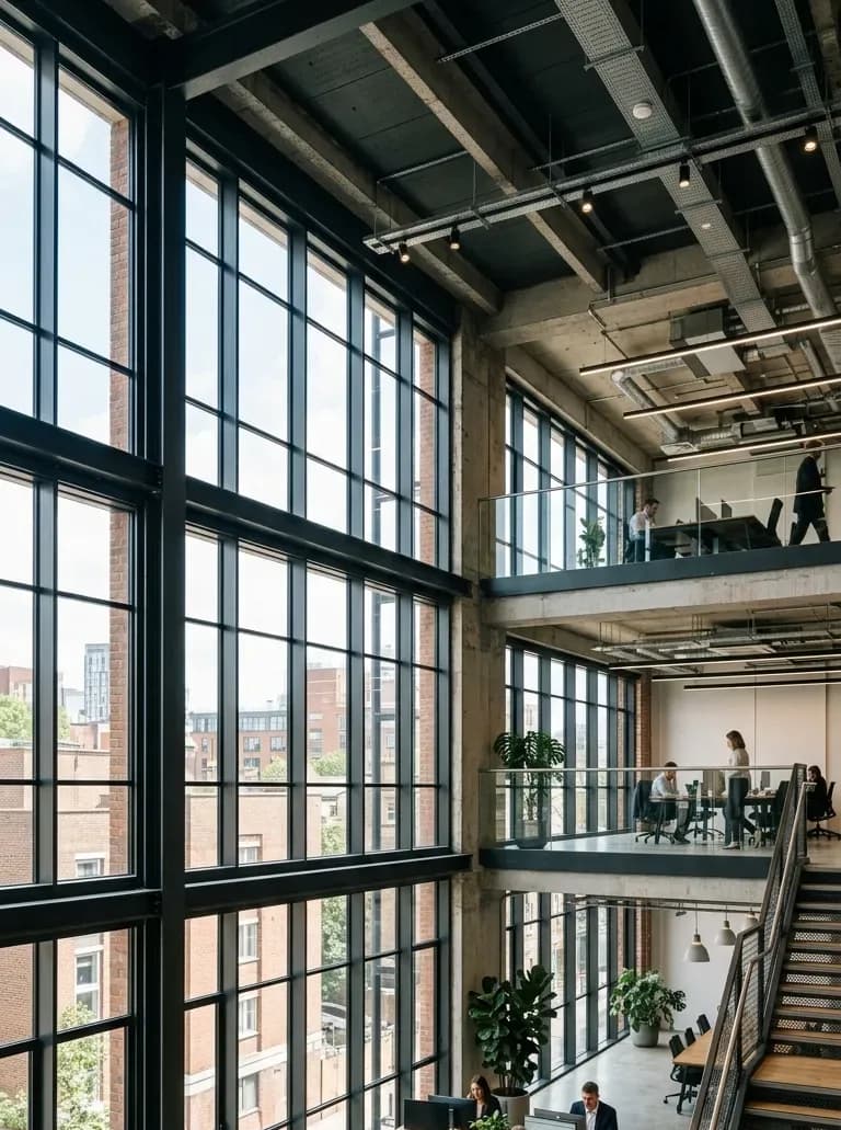 Office atrium behind full-height aluminium glazing