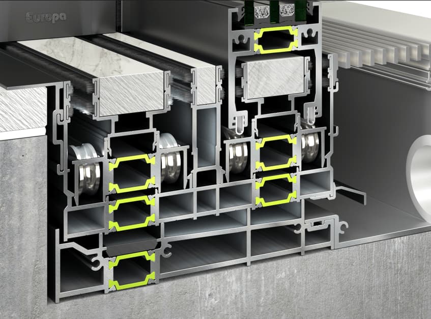 Double array of stainless steel rollers with a diameter of 24mm on the bottom track, with a static load capacity of up to 1,000kg per sliding sash.