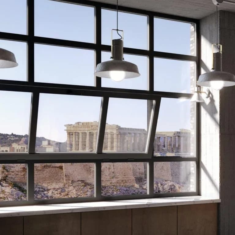 Option for an industrial aesthetic through partitioned designs (combining fixed and hinged elements)